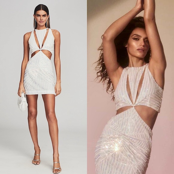 NWT RETROFETE Hand Stitched Iridescent Sequin Geo Cutout Sleeveless Mini Dress M - Picture 1 of 8